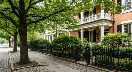Obraz premium Historic charleston single house exterior with wrought iron fence and cobblestone street