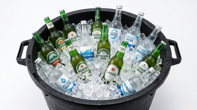Heineken beer bottles and Budweiser bottles in a black bucket filled with ice