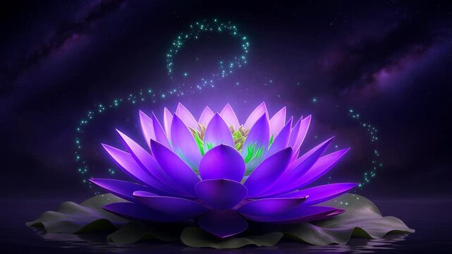 Radiant purple lotus blooming on calm water under a starry night sky with glowing reflections