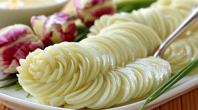 Elegant piped creamy mashed potatoes garnish with fresh herbs and radishes on white serving plate