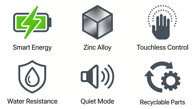 The battery, zinc alloy, and palm icon represent the intelligent energy-saving, contactless control, waterproof, silent, and recyclable features of kitchen and bathroom products.
