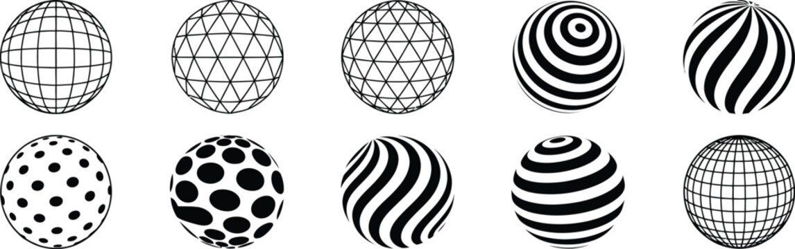 Geometric, abstract shape set inspired by brutalism with trendy 3D wireframe models, psychedelic techno flat vector illustration collection.