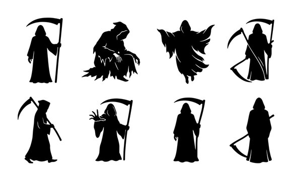 Grim Reaper Silhouettes Collection, Death Personification Icons, Scary Figures with Scythes, Halloween Vector Graphics Set