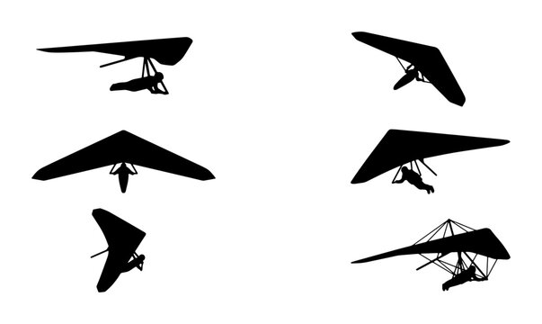 Hang Glider Silhouettes Collection, Extreme Sports Aviation, Aerial Adventure Vector Icons, Outdoor Recreation Flying Equipment