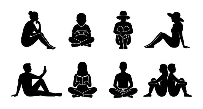 Diverse Silhouettes of People Sitting and Reading, Vector Icons Set for Lifestyle and Leisure Concepts