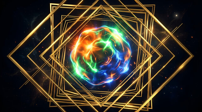 Glowing colorful energy sphere framed by golden geometric square lines creates a luxury visual background for digital marketing projects.
