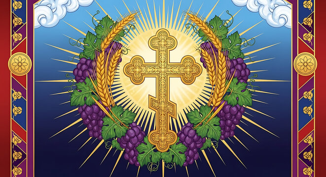Vibrant christian cross symbol with grapes and leaves