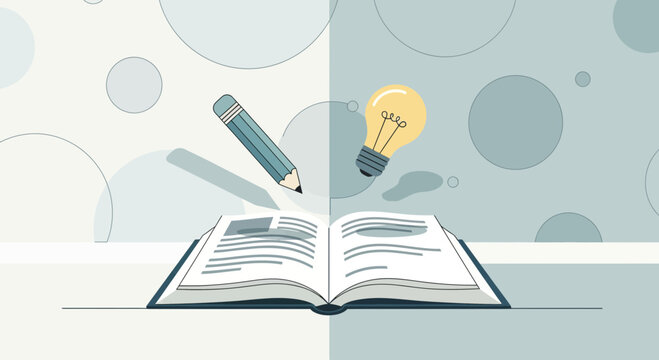 Open Book with Pencil and Lightbulb - Symbolizing Knowledge, Ideas, and Learning