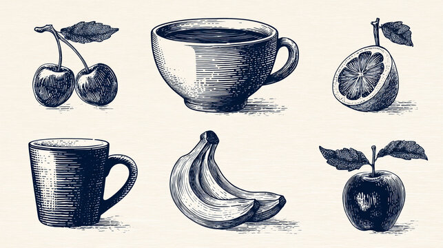Vintage hand drawn fruit and coffee cup set in blue sketch style with illustration, cherries