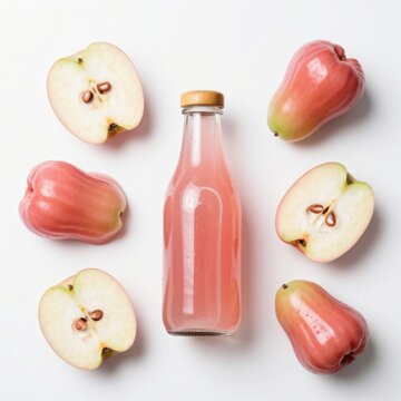 Java apple juice in glass bottle with rose apples whole and sliced on white background.