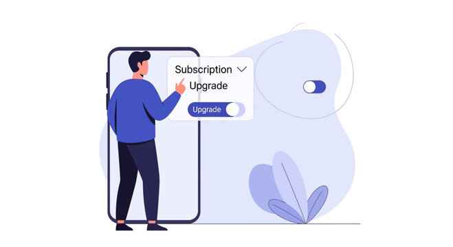 Man upgrading subscription on smartphone screen, digital interface concept