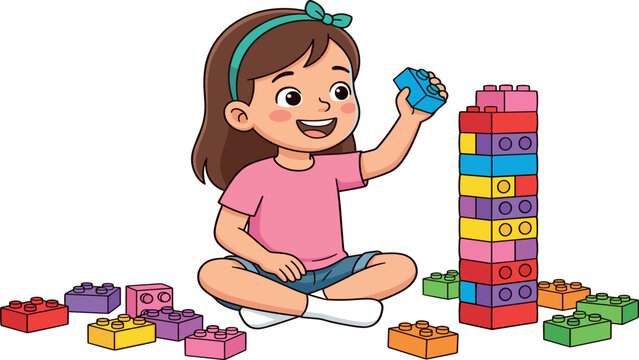 A cheerful vector illustration of a child building a colorful tower with toy building blocks, perfect for educational or children's activity designs.