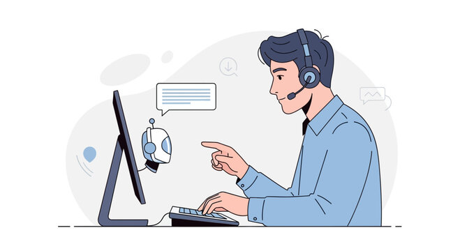 Man with headset interacting with AI bot on computer screen