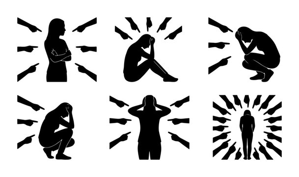 Victimization Silhouette Icons, Social Pressure & Isolation Vector Graphics, Bullying & Accusation Symbols, Mental Health & Anxiety Visuals