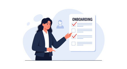 Obraz premium Businesswoman explains onboarding checklist, new employee integration, HR process
