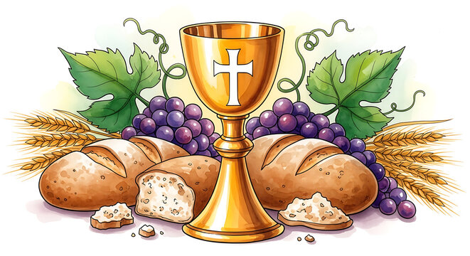 Golden chalice with bread and grapes