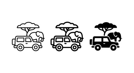 Safari Adventure Icons: SUV, Elephant, Acacia Tree, 3 Styles © Image World
