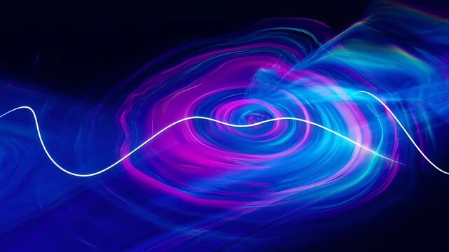 Abstract background with glasses refraction dispersion, blue and violet light wave glow on dark background, elegant motion with glowing pink swirl for modern digital art