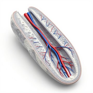 Three dimensional rendering of cross section of human bone with blood vessels.