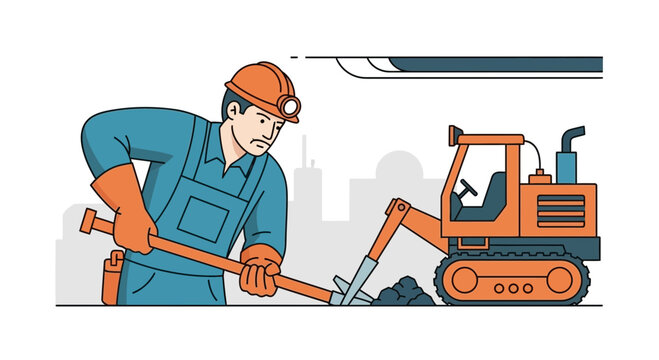 Construction worker digging with shovel beside mini excavator in city
