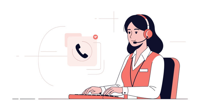 Customer service operator with headset and phone icon, illustration, woman at computer
