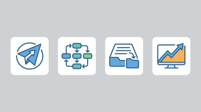 Modern business workflow and data analysis vector icon set