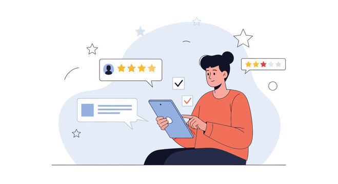 Customer giving online reviews and ratings via tablet, feedback concept