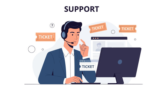 Customer support agent with headphone, computer, and tickets concept illustration