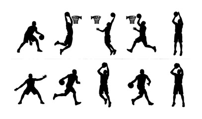 Basketball Player Silhouettes, Dynamic Action Poses, Sports Vector Icons, Dunking, Shooting, Dribbling, Graphic Elements for Athletic Design © Habibur