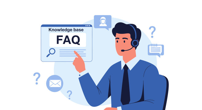 Customer support agent explaining FAQ knowledge base via headset and computer interface.