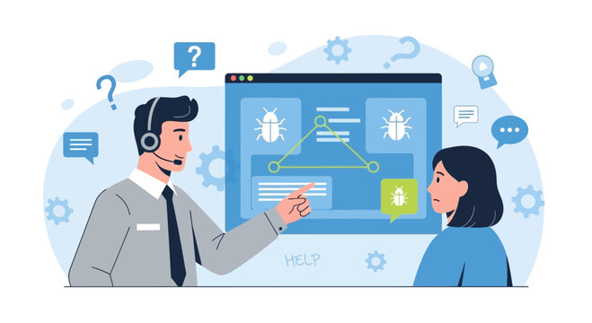 Customer support agent explaining software bugs to a confused client