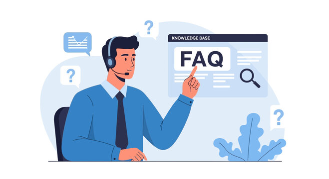 Customer Support Agent Explains FAQ Knowledge Base - Flat Illustration
