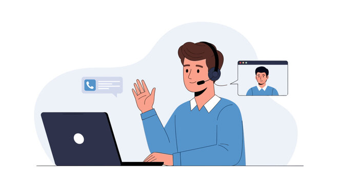 Customer support agent with headset, laptop, and video call