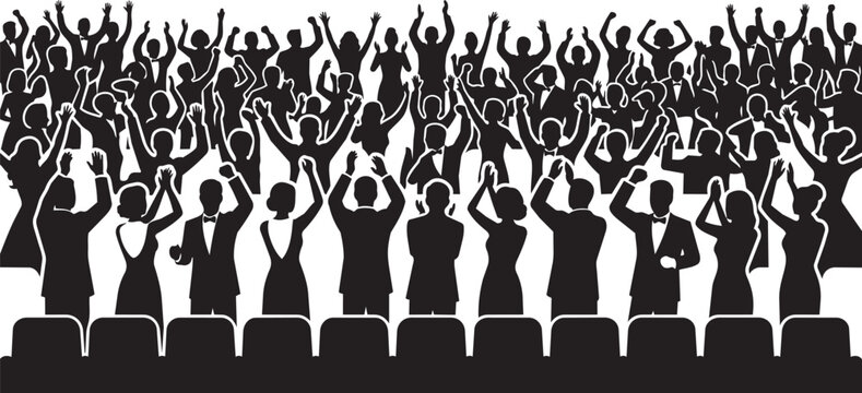 Crowd of People Formal Audience Standing Ovation in Elegant Attire, Gala Event Theater Silhouette Vector Illustration