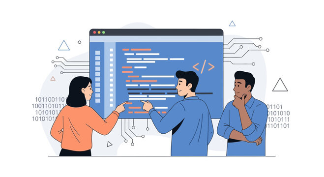Diverse team collaborating on software development, coding illustration