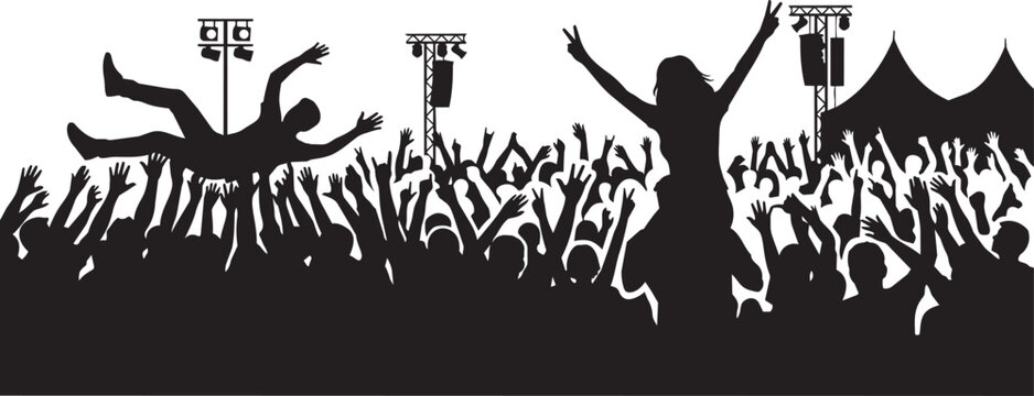 Crowd of People Outdoor Music Festival with Crowd Surfing Stage Lights and Tent, Concert Energy Silhouette Vector Illustration