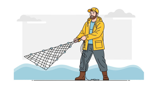 Fisherman in Yellow Jacket Pulling Fishing Net Out of Water