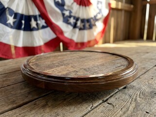 Obraz premium Empty wooden pedestal mockup on rustic table with american flag background