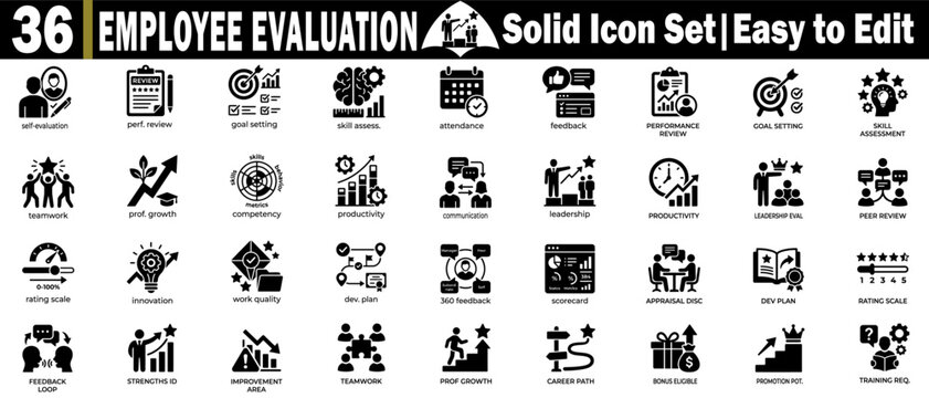 Solid employee evaluation icon set for performance and career path.