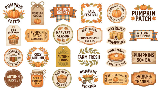 Autumn pumpkin patch label collection with fall harvest badges, farm fresh signs, pumpkin spice tags, rustic market stickers and seasonal emblems