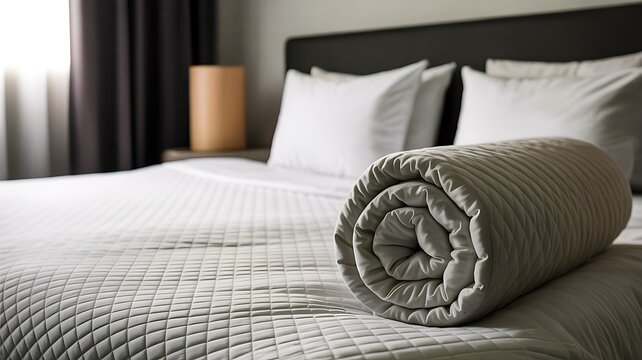 Rolled towel on comfortable bed in modern hotel bedroom with cozy interior design