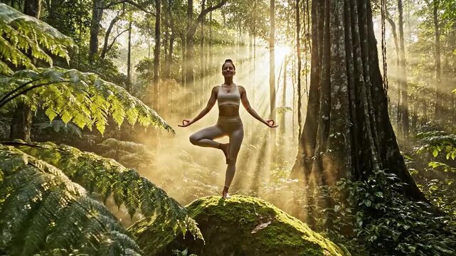 Woman practicing yoga tree pose in sunlit tropical forest.