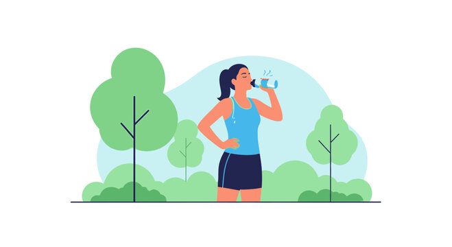 Woman drinking water after running in park, healthy lifestyle, fitness, outdoor exercise