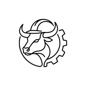 Monoline Bull Head with Hard Hat and Gear Logo Design.