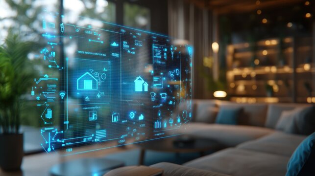 Futuristic interior with a digital interface overlay, showcasing smart home controls