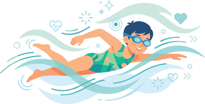 Athletic young girl swimming freestyle in turquoise water with abstract wave elements for sports fitness and summer activities.