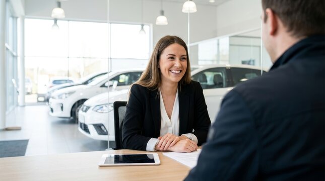 Friendly female auto sales agent smiling and consulting with a customer at a desk in a modern car dealership showroom