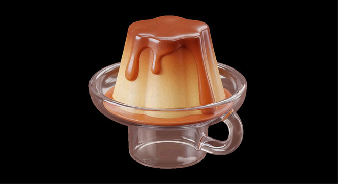 Delicious caramel custard pudding served in a clear glass cup with dripping sauce, isolated on a black background