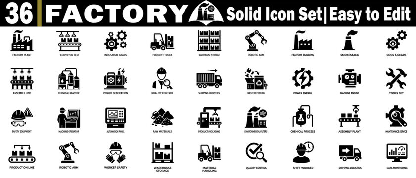 Factory icons set solid industrial symbols, manufacturing elements.