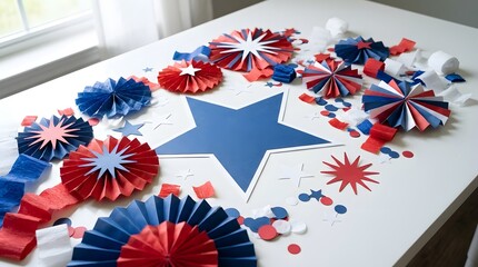 Fototapeta premium Fourth of July patriotic paper decorations with red white blue stars